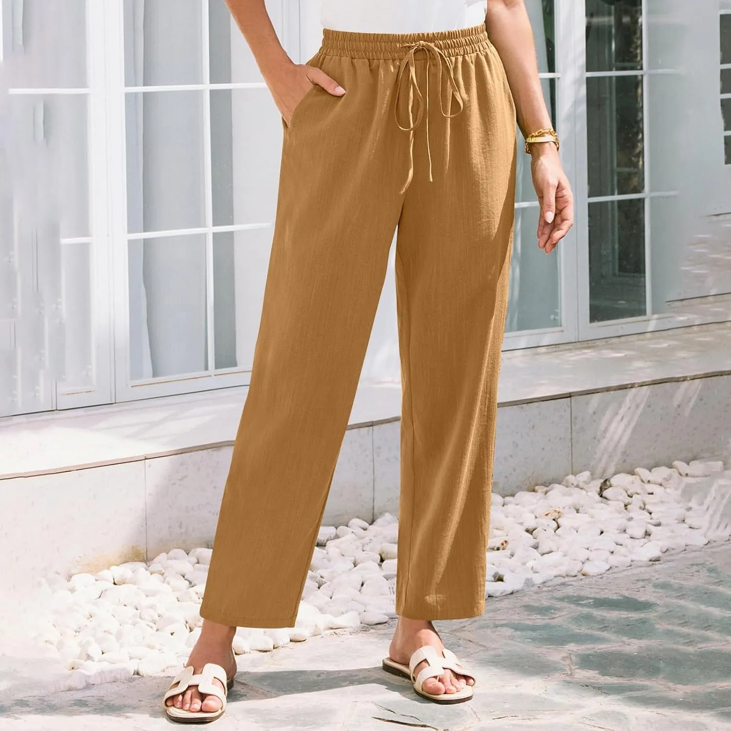 Womens Cotton Linen Elastic Drawstring Straight Leg Pants 2025 Summer Casual Trousers with Pockets Plain Beach Lounge Clothes