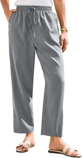 Womens Cotton Linen Elastic Drawstring Straight Leg Pants 2025 Summer Casual Trousers with Pockets Plain Beach Lounge Clothes