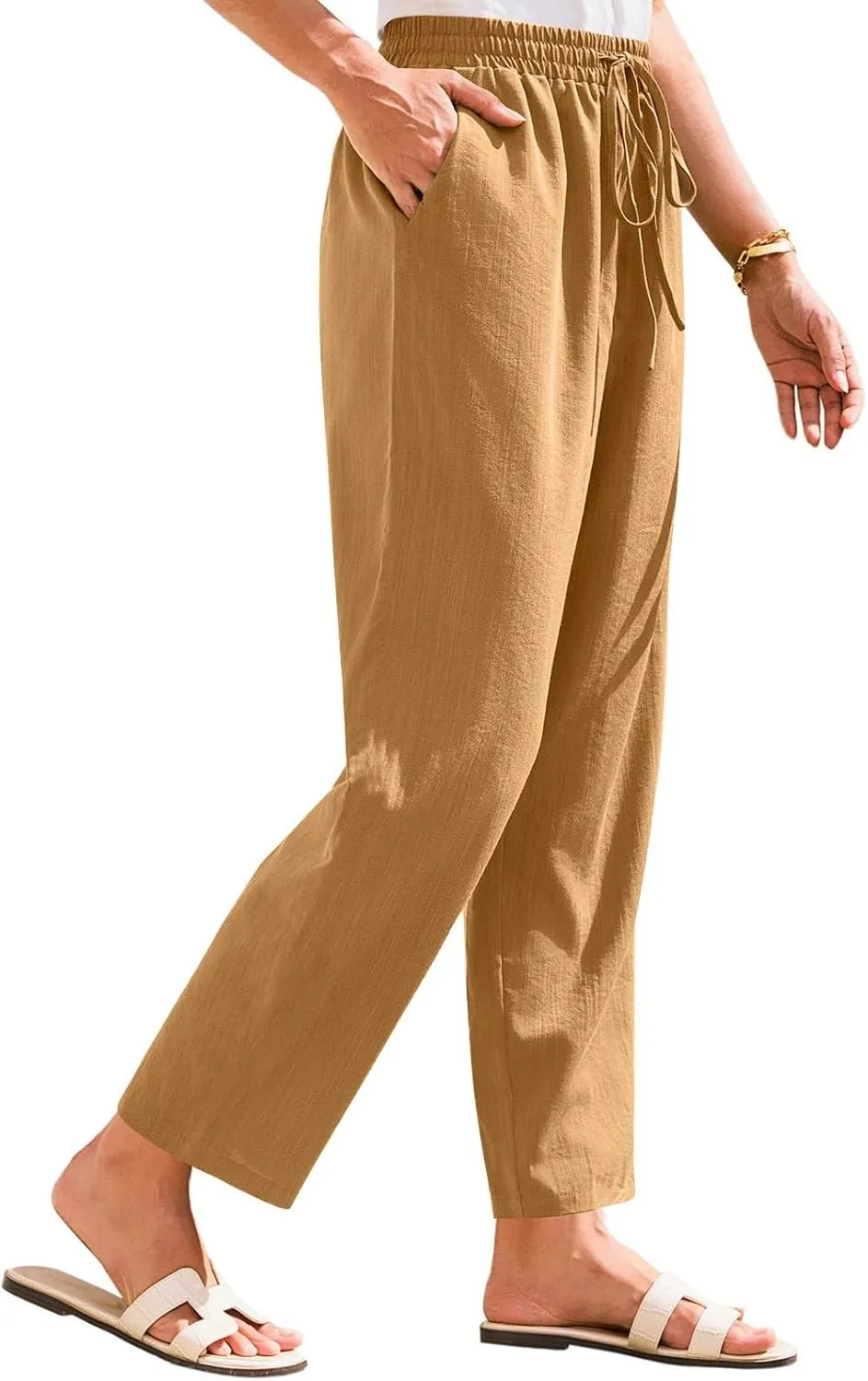 Womens Cotton Linen Elastic Drawstring Straight Leg Pants 2025 Summer Casual Trousers with Pockets Plain Beach Lounge Clothes