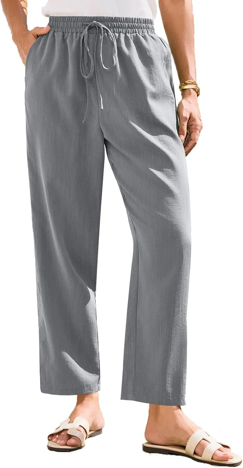 Womens Cotton Linen Elastic Drawstring Straight Leg Pants 2025 Summer Casual Trousers with Pockets Plain Beach Lounge Clothes