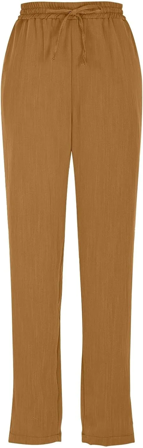 Womens Cotton Linen Elastic Drawstring Straight Leg Pants 2025 Summer Casual Trousers with Pockets Plain Beach Lounge Clothes