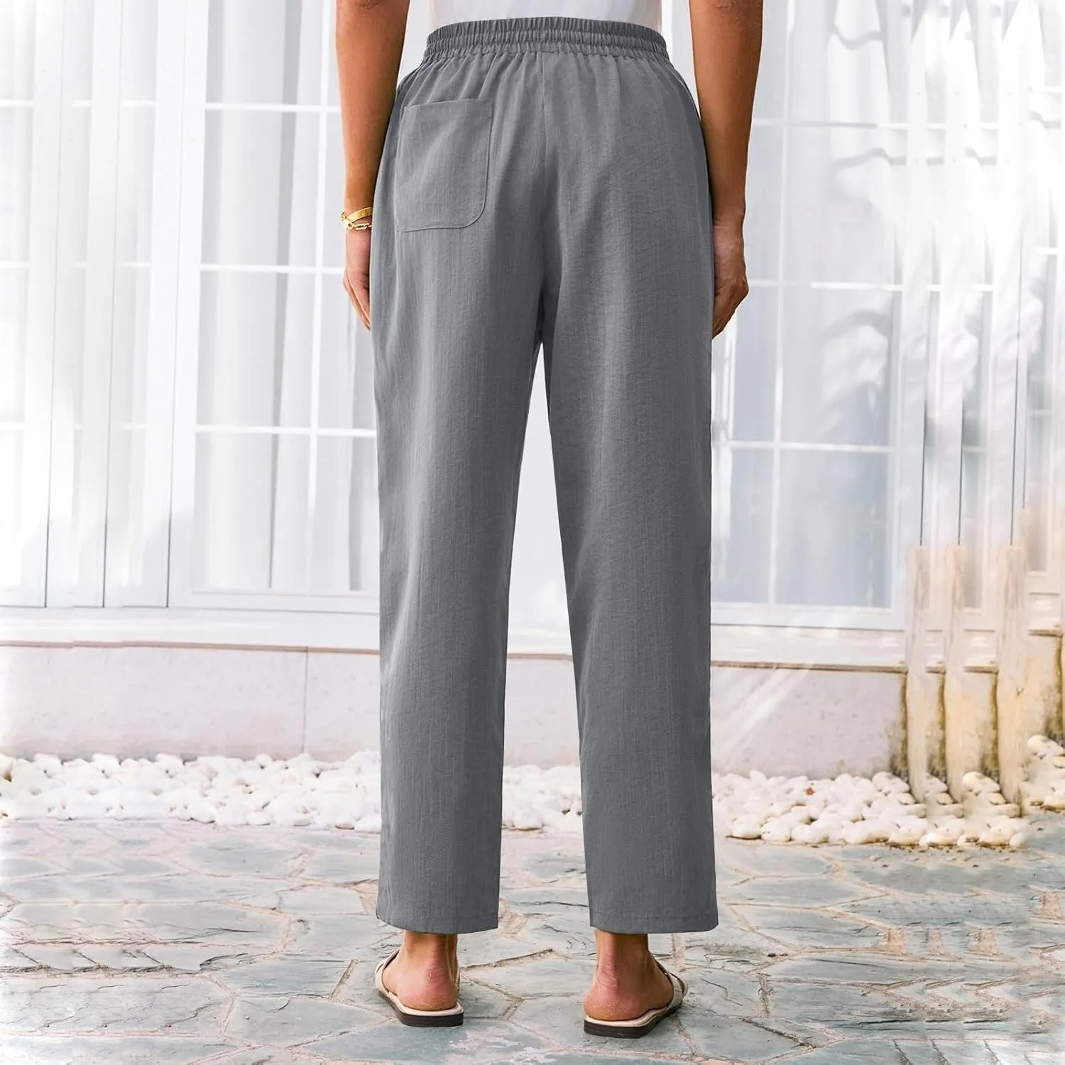 Womens Cotton Linen Elastic Drawstring Straight Leg Pants 2025 Summer Casual Trousers with Pockets Plain Beach Lounge Clothes