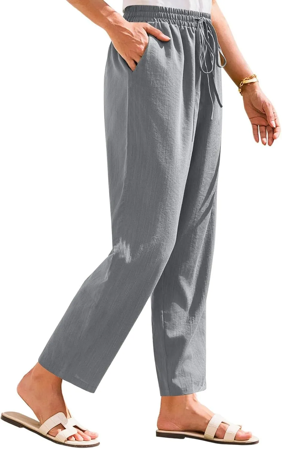 Womens Cotton Linen Elastic Drawstring Straight Leg Pants 2025 Summer Casual Trousers with Pockets Plain Beach Lounge Clothes