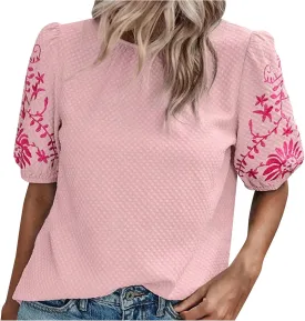 Womens Embroidered Puff Short Sleeve Tops Dressy Casual Crewneck Shirts Loose Textured Floral Embroidery Blouses