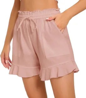 Womens Linen Shorts Summer Casual High Wasited Ruffle Wide Leg Drawstring Beach Loose Shorts