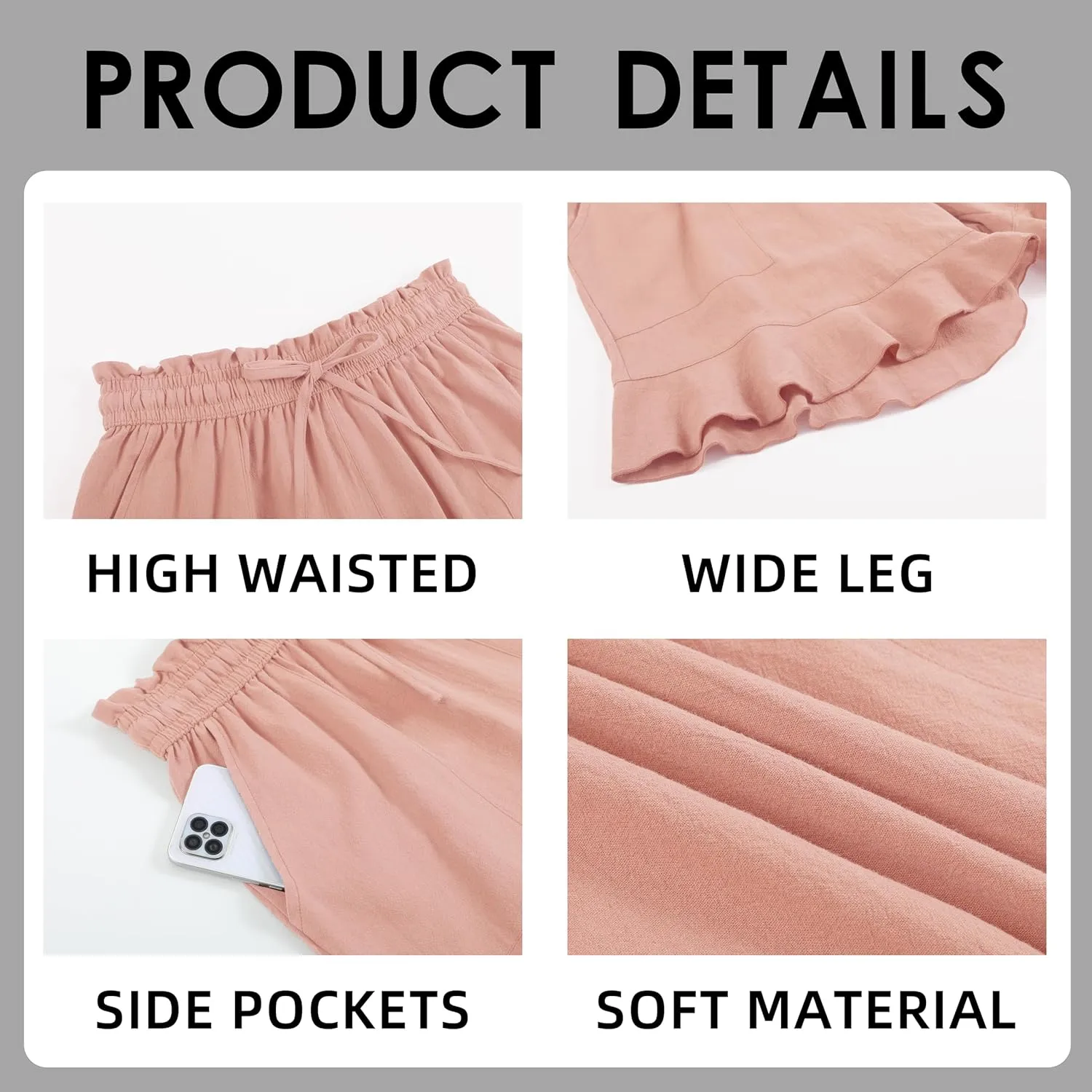 Womens Linen Shorts Summer Casual High Wasited Ruffle Wide Leg Drawstring Beach Loose Shorts