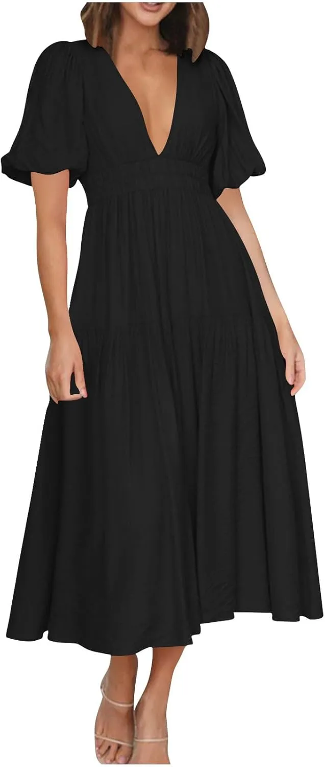 Women's Puff Sleeve Tiered Maxi Dresses Comfy V-Neck Flowy Sundress Empire Waist Pocket Casual Summer Elegant Soft Dress