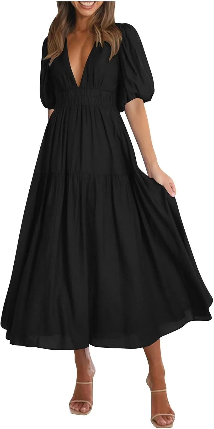 Women's Puff Sleeve Tiered Maxi Dresses Comfy V-Neck Flowy Sundress Empire Waist Pocket Casual Summer Elegant Soft Dress