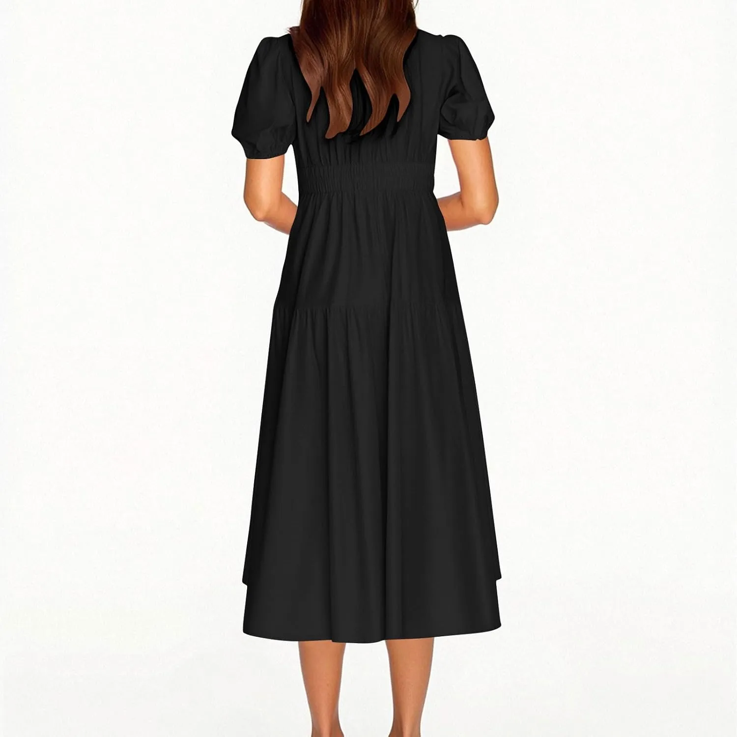 Women's Puff Sleeve Tiered Maxi Dresses Comfy V-Neck Flowy Sundress Empire Waist Pocket Casual Summer Elegant Soft Dress