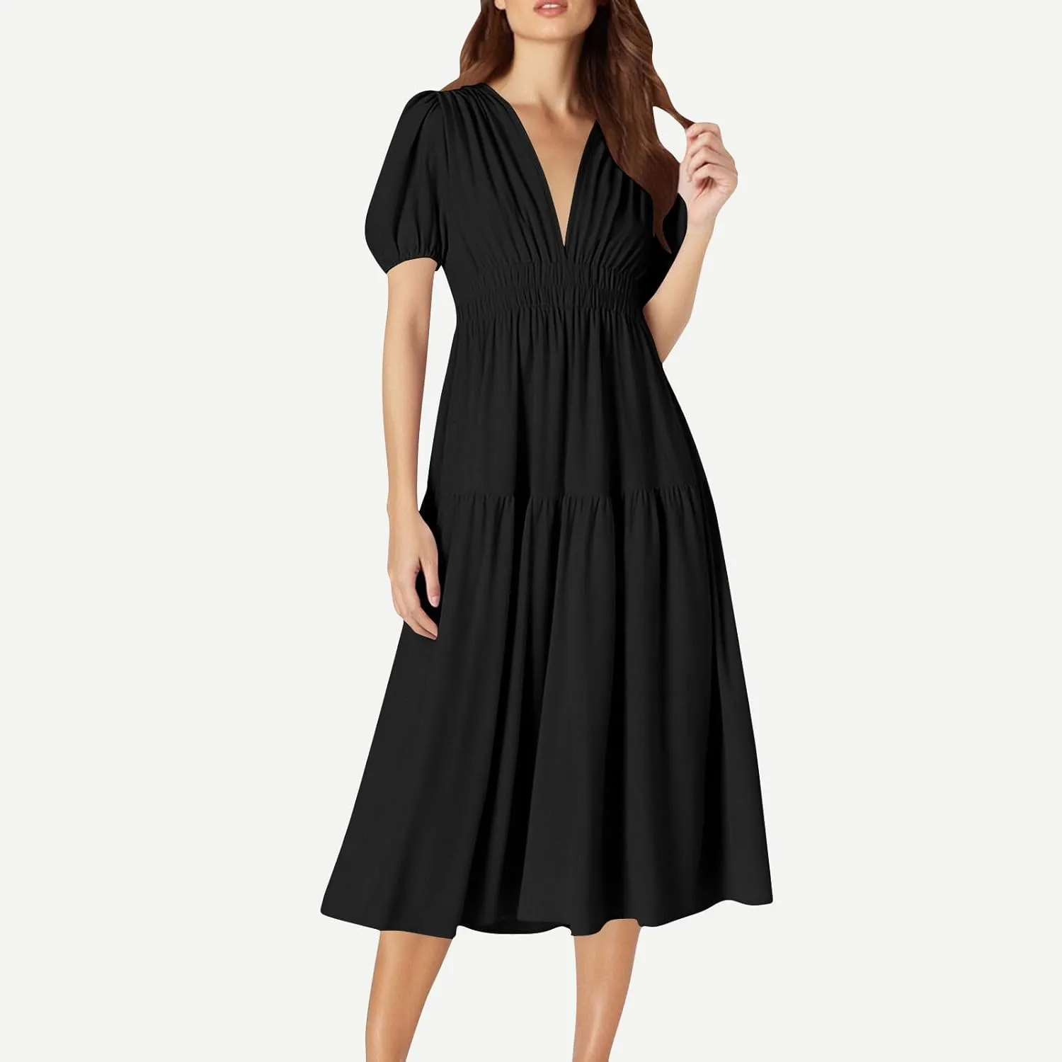Women's Puff Sleeve Tiered Maxi Dresses Comfy V-Neck Flowy Sundress Empire Waist Pocket Casual Summer Elegant Soft Dress