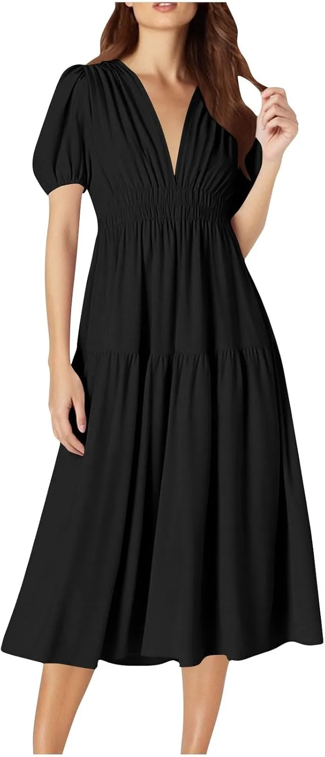 Women's Puff Sleeve Tiered Maxi Dresses Comfy V-Neck Flowy Sundress Empire Waist Pocket Casual Summer Elegant Soft Dress