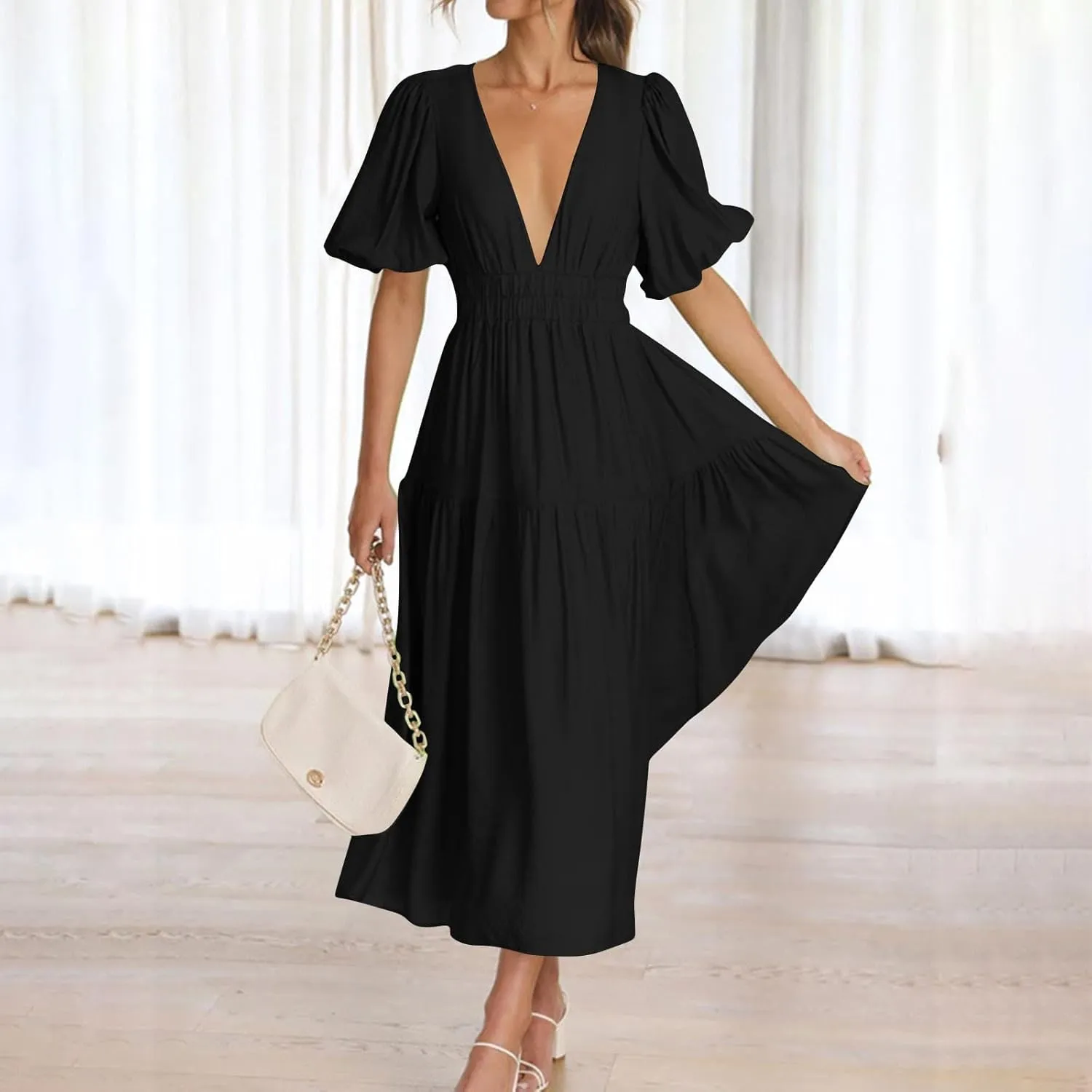 Women's Puff Sleeve Tiered Maxi Dresses Comfy V-Neck Flowy Sundress Empire Waist Pocket Casual Summer Elegant Soft Dress