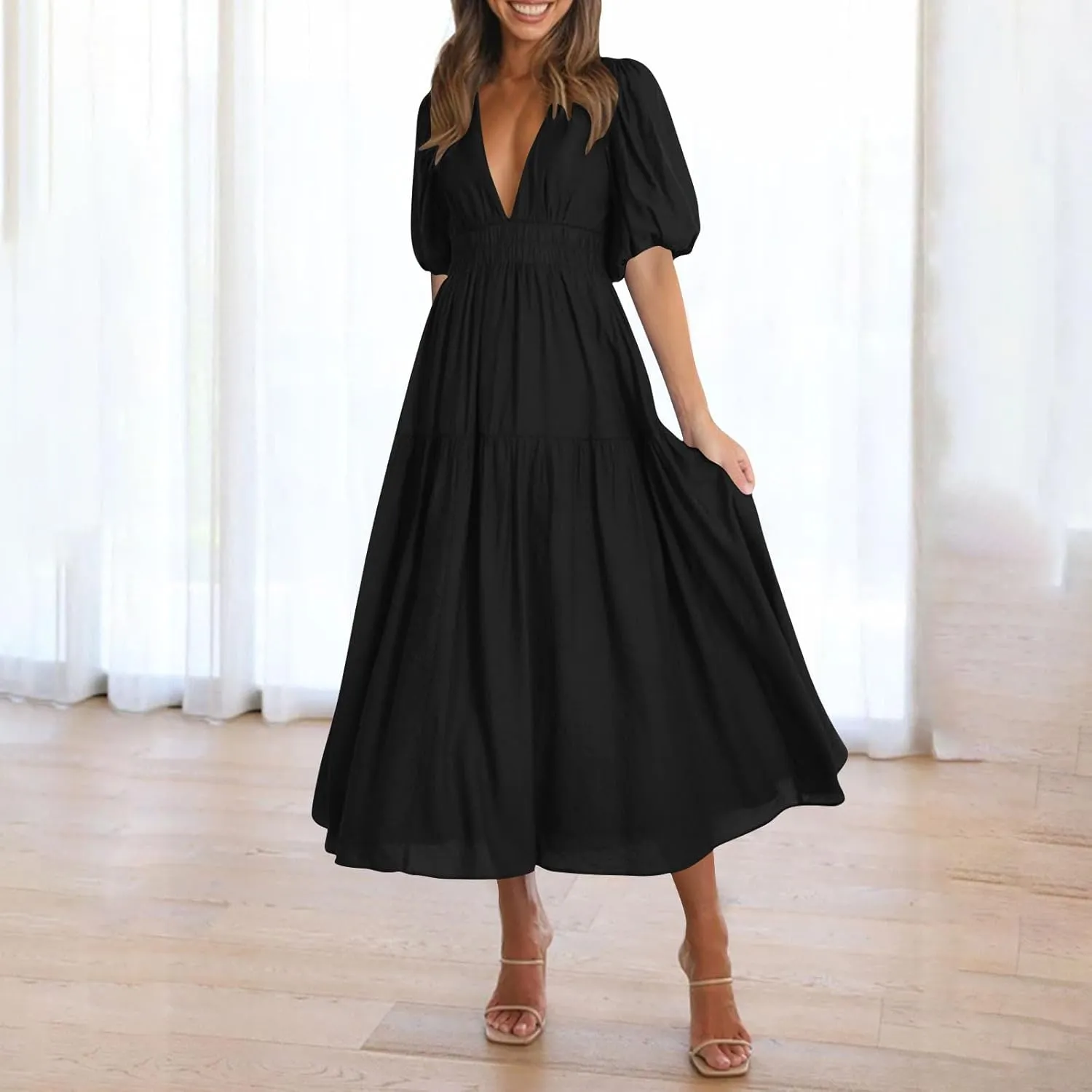 Women's Puff Sleeve Tiered Maxi Dresses Comfy V-Neck Flowy Sundress Empire Waist Pocket Casual Summer Elegant Soft Dress