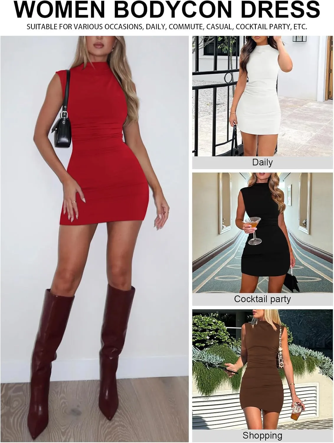 Women's Sexy Summer Casual Mock Neck Sleeveless Bodycon Dresses Ruched Turtleneck Cocktail Party Mini Dress