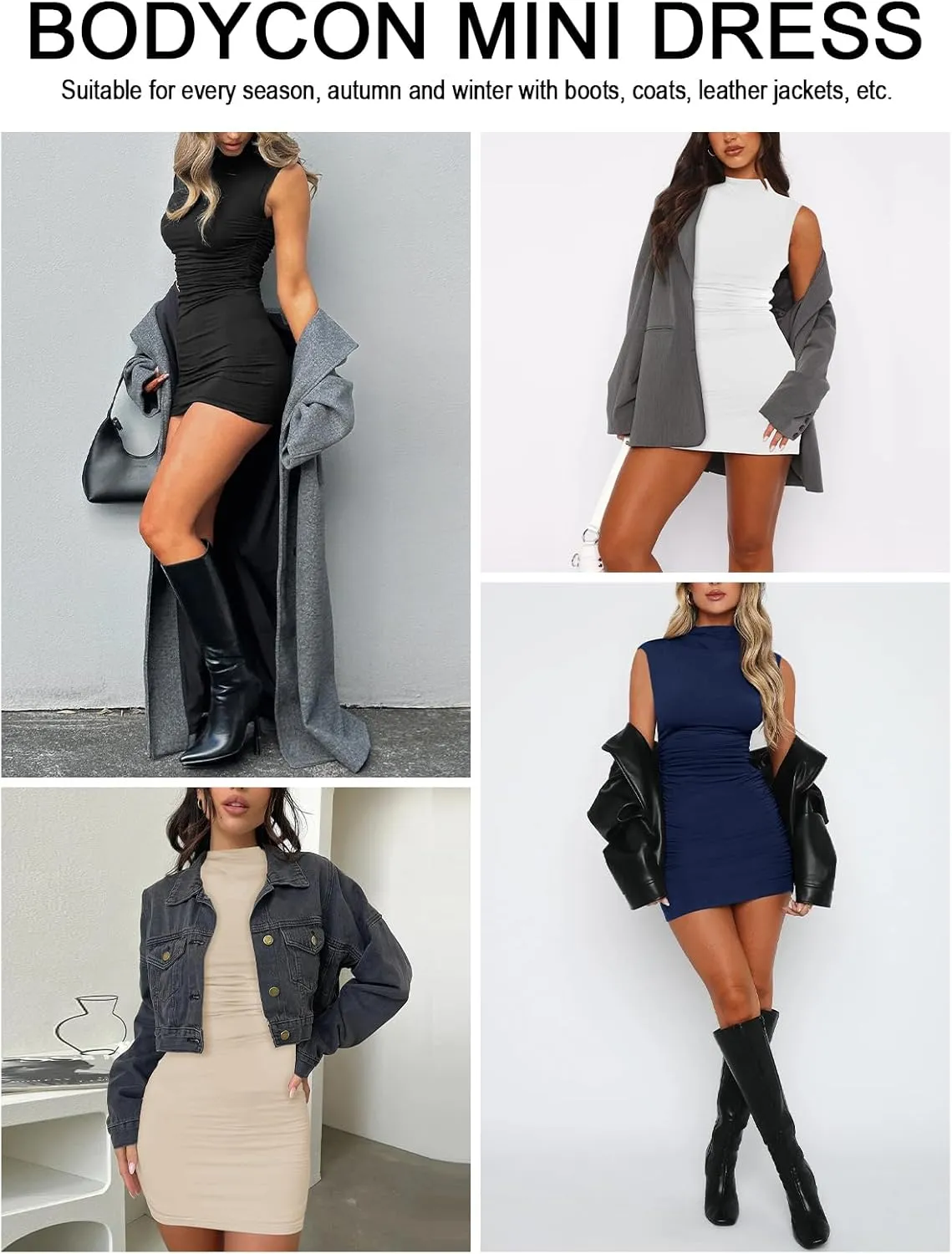 Women's Sexy Summer Casual Mock Neck Sleeveless Bodycon Dresses Ruched Turtleneck Cocktail Party Mini Dress