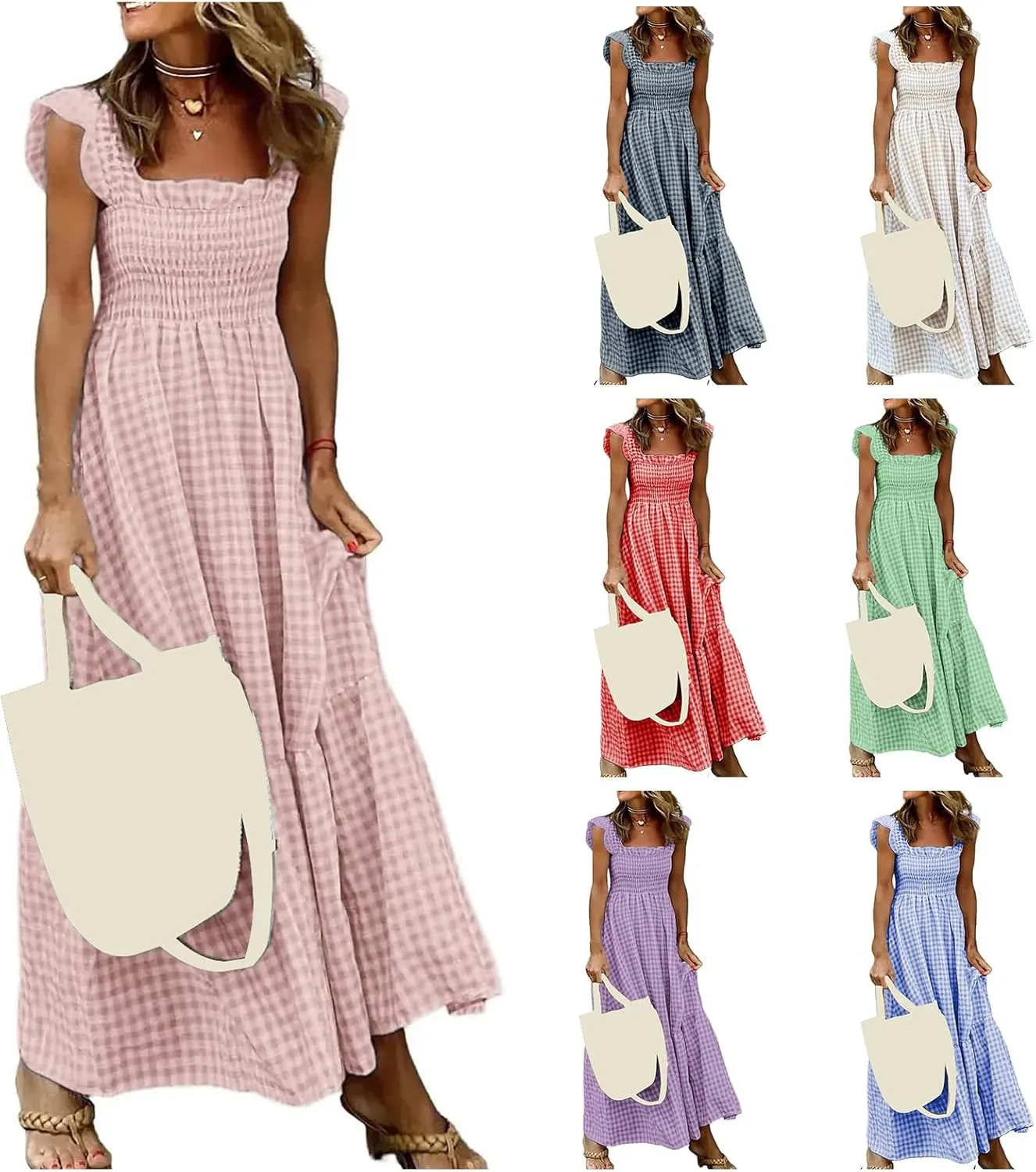Womens Summer Dress Retro Plaid Smocked Dresses Square Neck Ruffle Strap Midi Dress Flowy A Line Beach Dresses