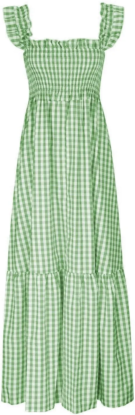 Womens Summer Dress Retro Plaid Smocked Dresses Square Neck Ruffle Strap Midi Dress Flowy A Line Beach Dresses