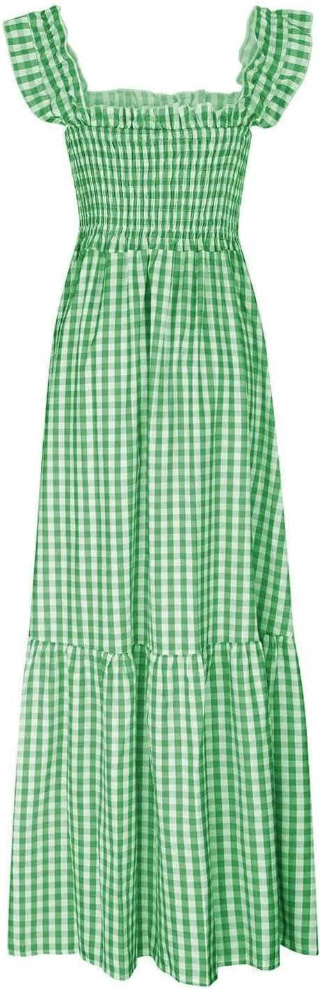 Womens Summer Dress Retro Plaid Smocked Dresses Square Neck Ruffle Strap Midi Dress Flowy A Line Beach Dresses