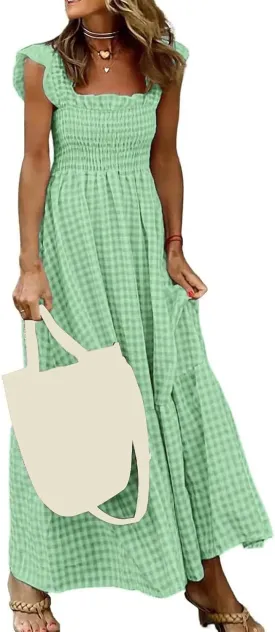 Womens Summer Dress Retro Plaid Smocked Dresses Square Neck Ruffle Strap Midi Dress Flowy A Line Beach Dresses