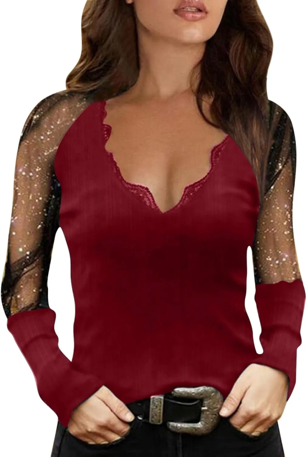 Womens Tunic Tops Sexy Criss-Cross Long Sleeve Blouse Lace Cut Out Cold Shoulder Tops Dressy Basic Shirts