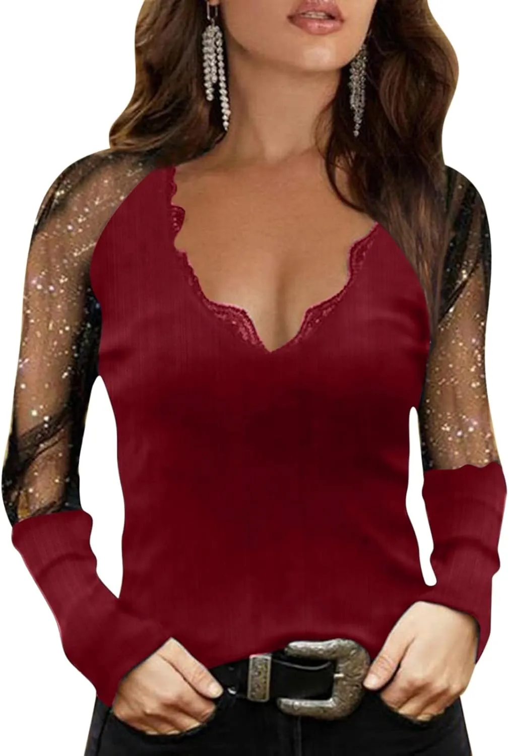 Womens Tunic Tops Sexy Criss-Cross Long Sleeve Blouse Lace Cut Out Cold Shoulder Tops Dressy Basic Shirts