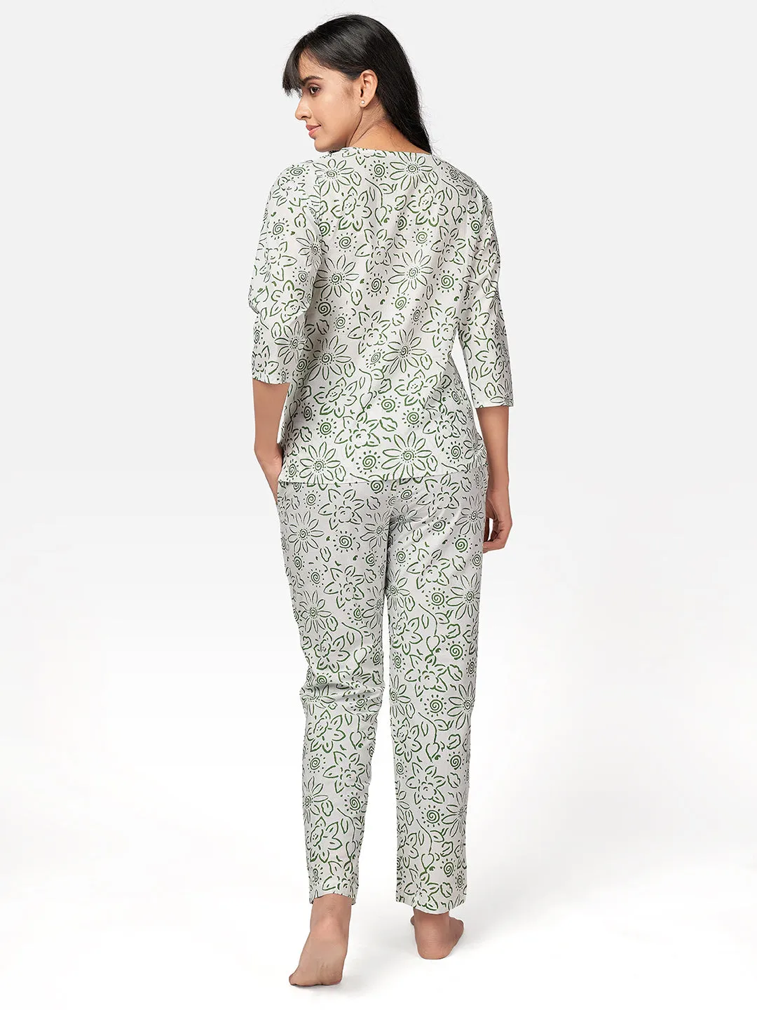 Women'S White Floral Print Cotton Night Suit Set- (2Pcs Set)