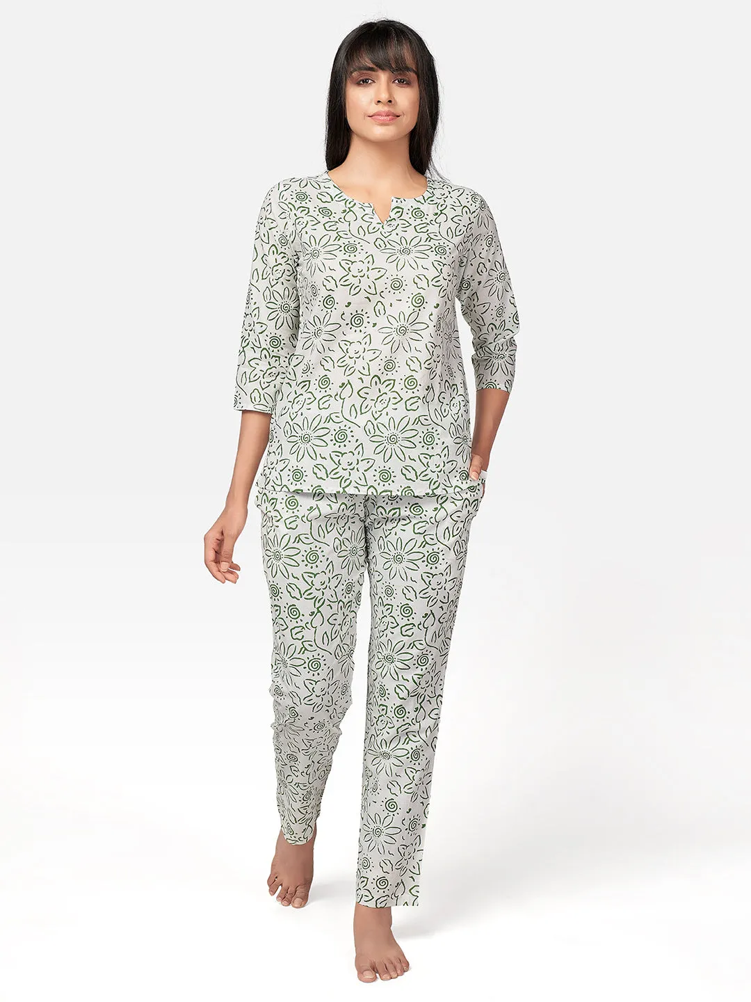 Women'S White Floral Print Cotton Night Suit Set- (2Pcs Set)