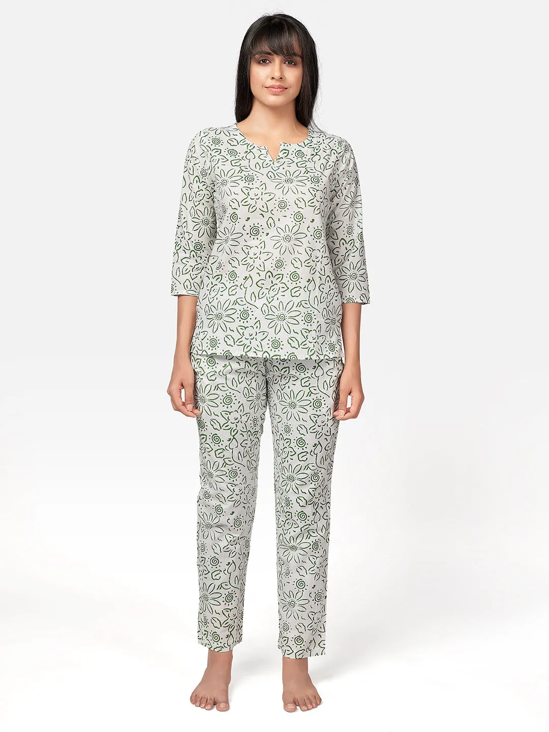 Women'S White Floral Print Cotton Night Suit Set- (2Pcs Set)