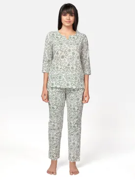 Women'S White Floral Print Cotton Night Suit Set- (2Pcs Set)