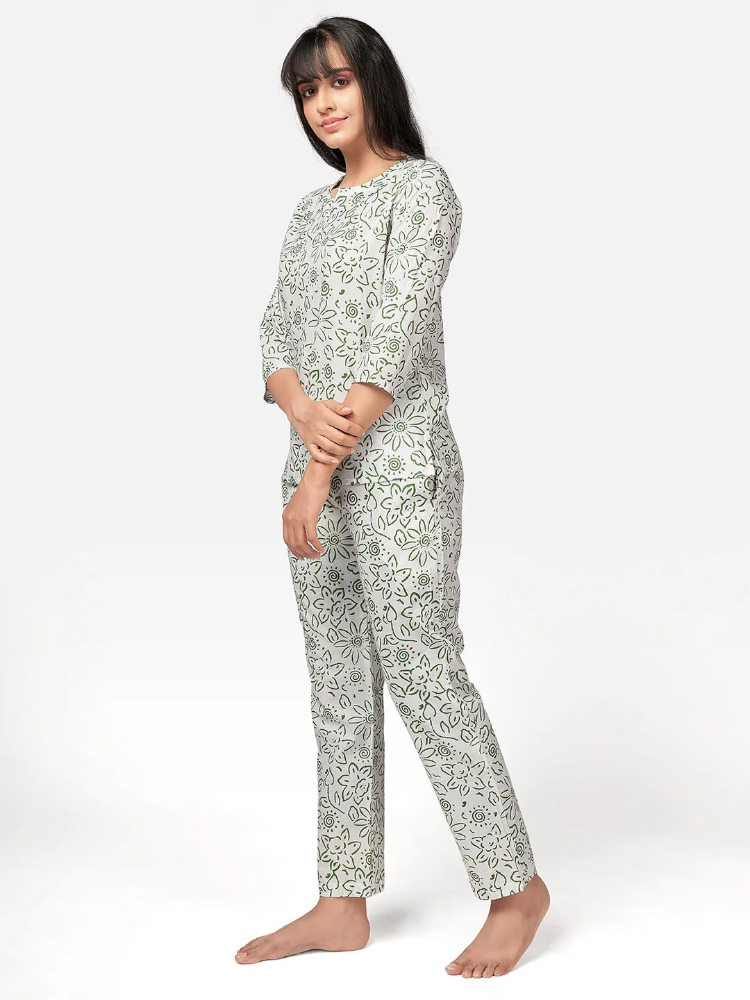 Women'S White Floral Print Cotton Night Suit Set- (2Pcs Set)