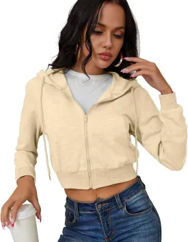 Women's Zip Up Hoodies Cropped Cardigan Jacket Drawstring Hooded Sweatshirts Casual Long Sleeve Top