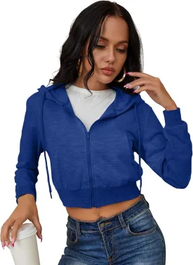 Women's Zip Up Hoodies Cropped Cardigan Jacket Drawstring Hooded Sweatshirts Casual Long Sleeve Top