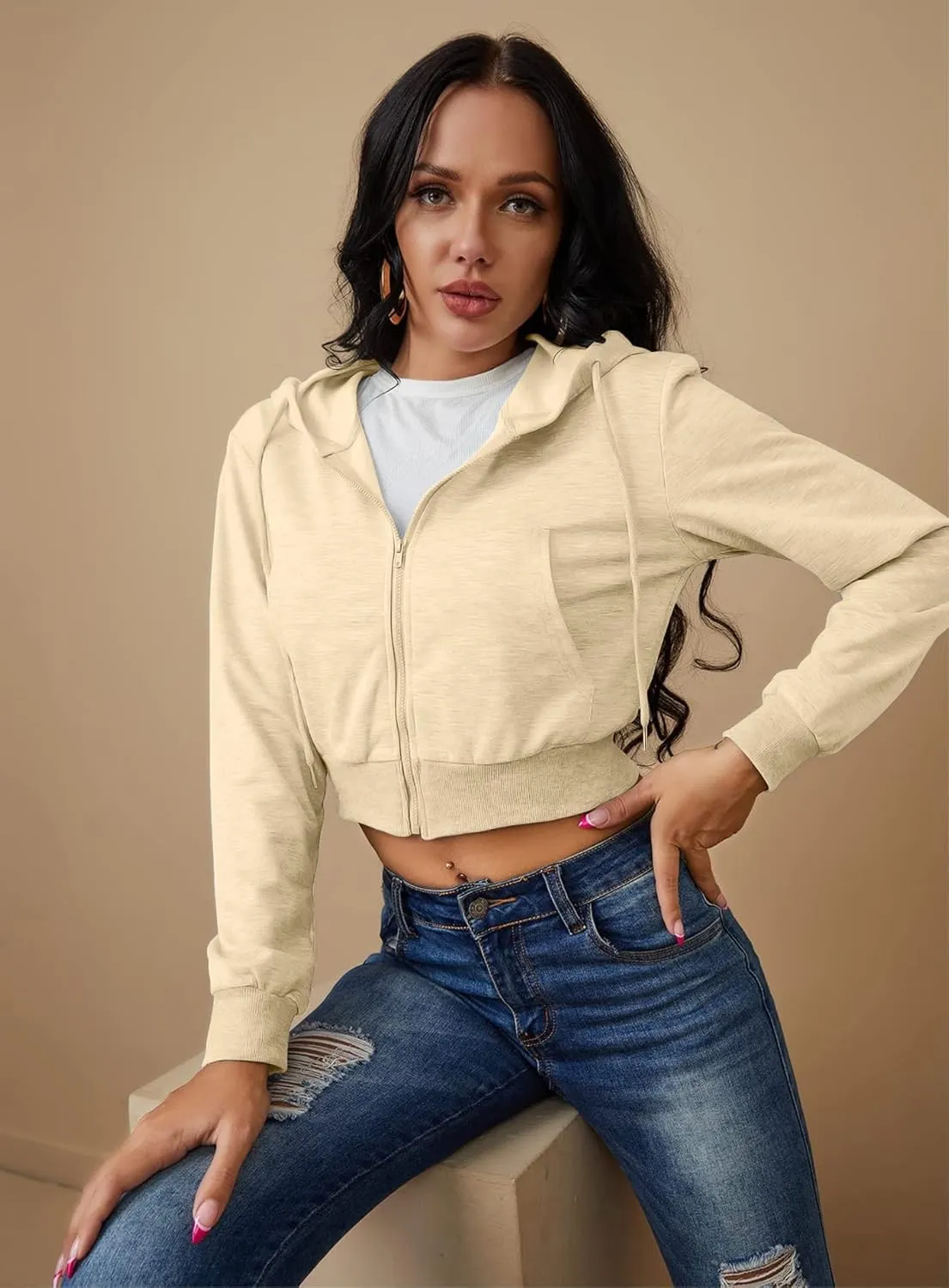 Women's Zip Up Hoodies Cropped Cardigan Jacket Drawstring Hooded Sweatshirts Casual Long Sleeve Top