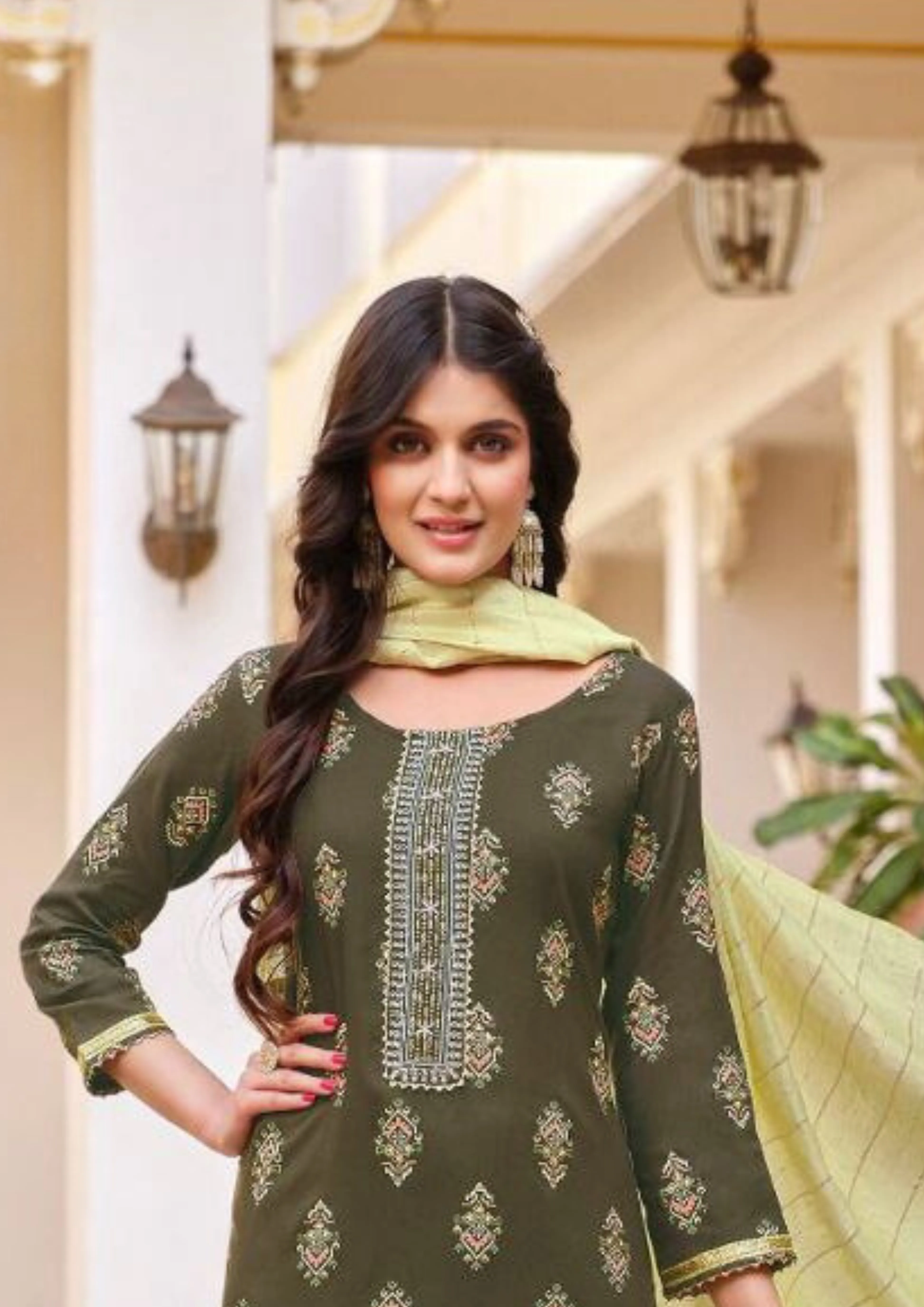 Wonderful Menendi Green color Rayon With Classy Gold Print Fancy Embroidery Work